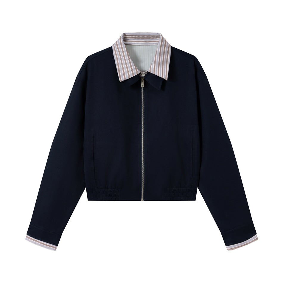 Navy cropped zip jacket with brown, lilac and white striped inner collar and cuff trim, flat front view
