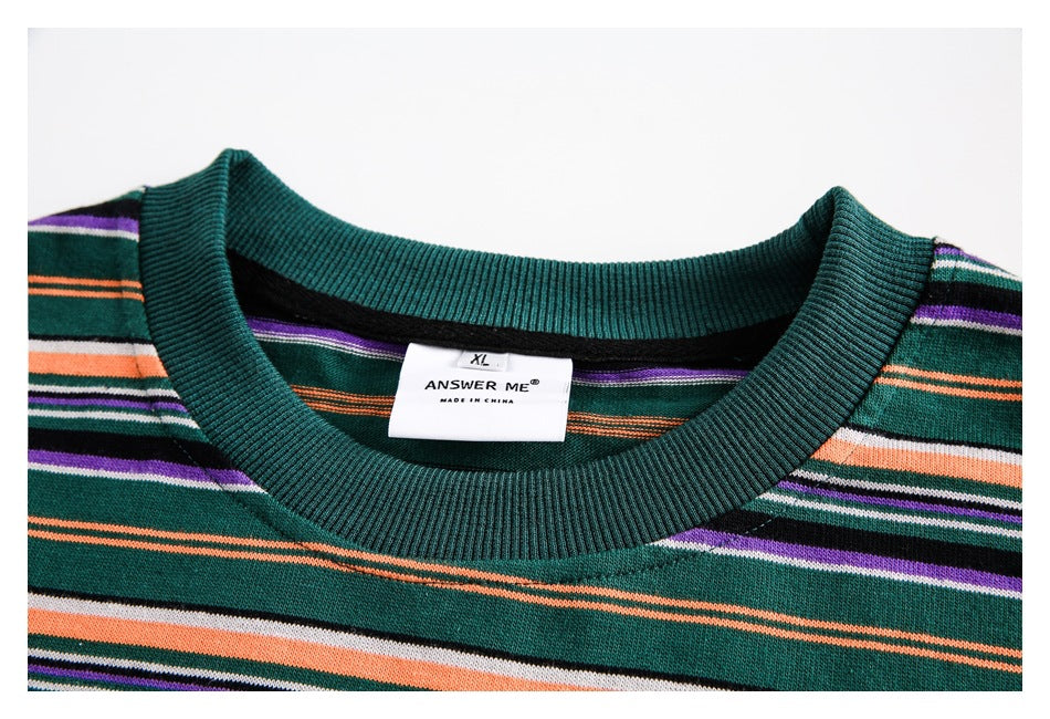 Close-up of the dark green striped knit top's ribbed crew neckline and inner label.