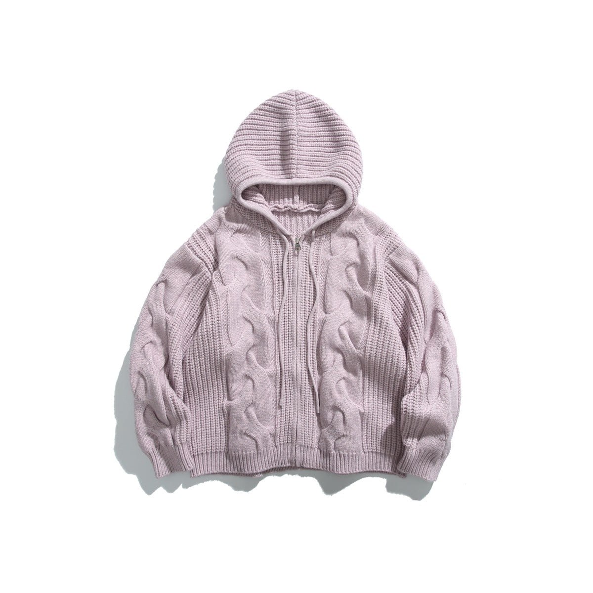 Light purple cable-knit zip-up hooded sweater with drawstrings, flat lay on white background