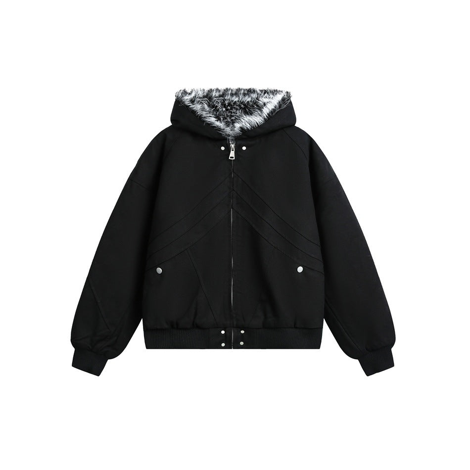Black hooded zip jacket flat lay with black-and-white fleece-like hood lining, snap details and ribbed cuffs