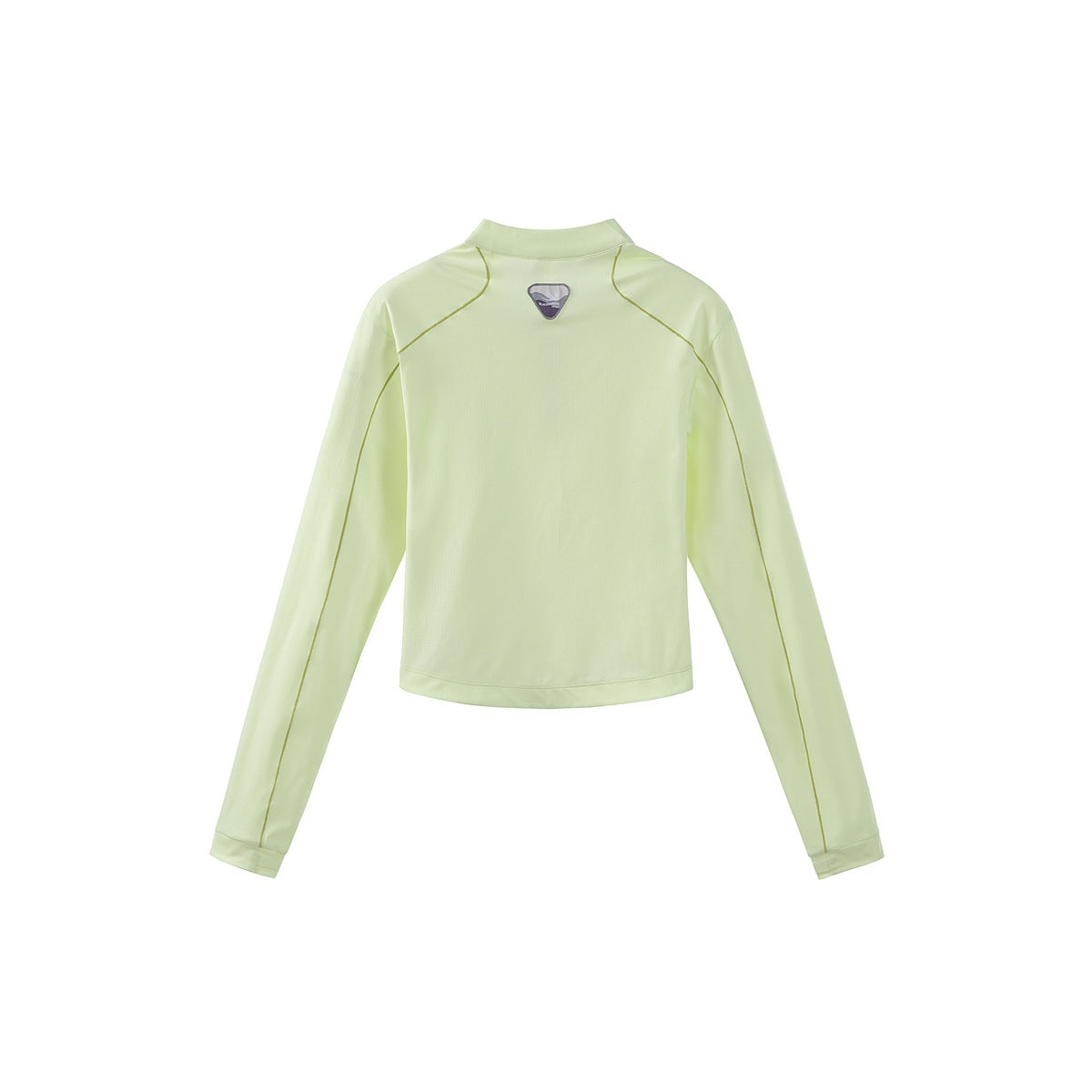 Back view of a pale lime long-sleeve top with a stand collar and contrast seam piping.
