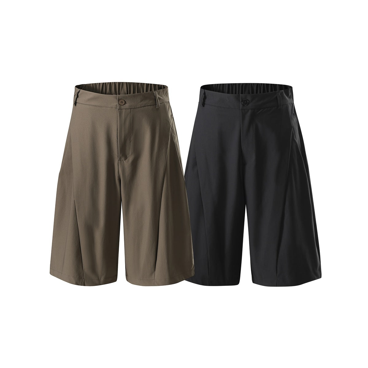 Front view of wide-leg shorts in taupe and black, with button closures and elasticized back waistbands.