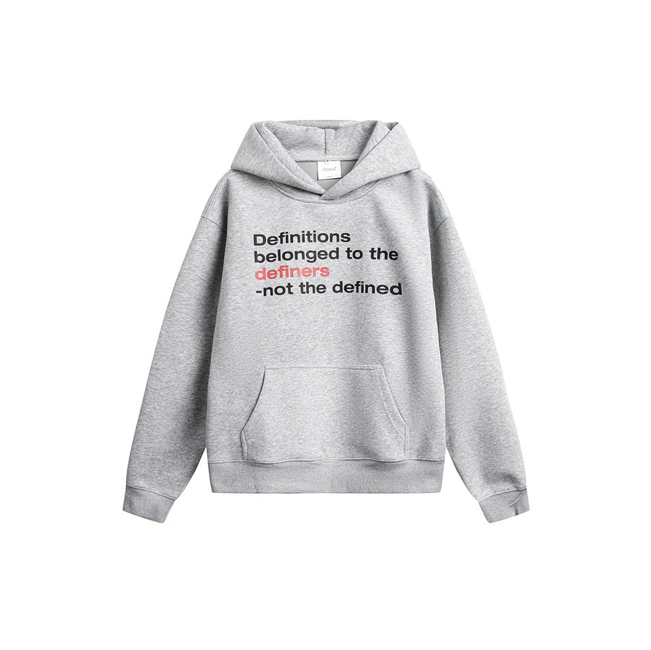 Heather gray pullover hoodie with front pocket and black and red printed slogan on a white background