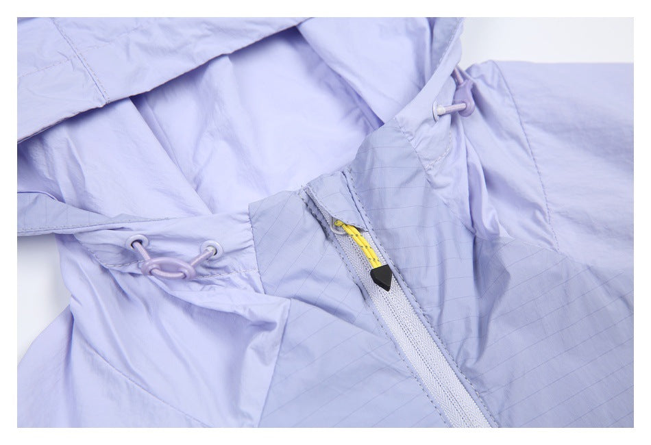 Close-up of a lavender jacket's hood drawcords and front zipper with a yellow accent and black pull.