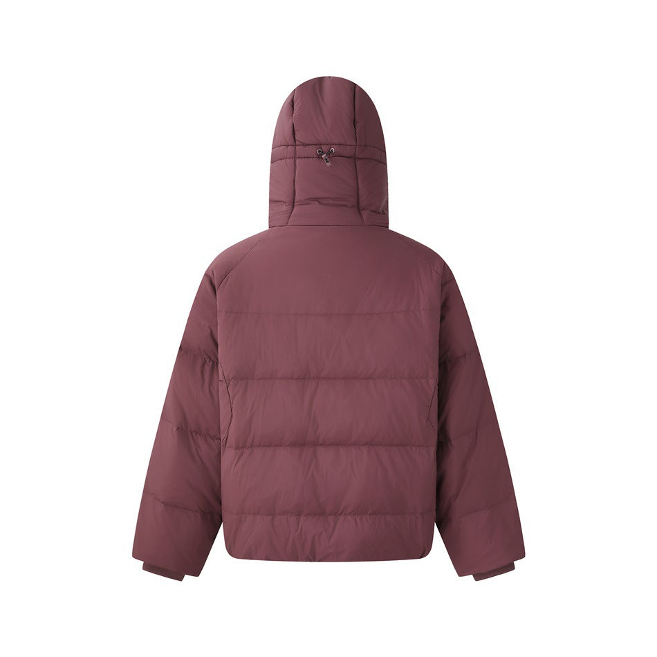 Back view of a mauve hooded puffer jacket with horizontal quilting and an adjustable hood.