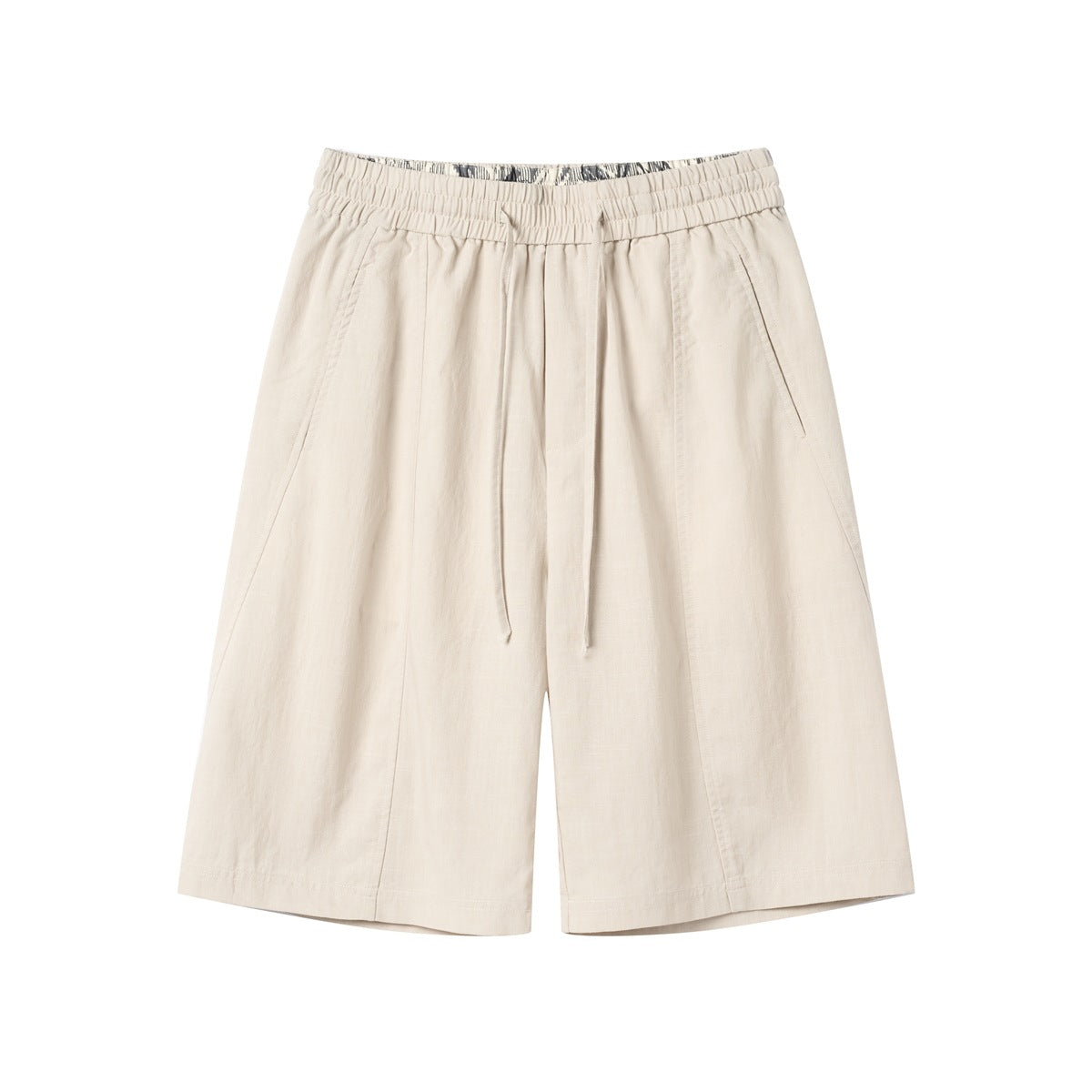 Beige knee-length drawstring shorts with elastic waistband and slanted side pockets, front flat lay