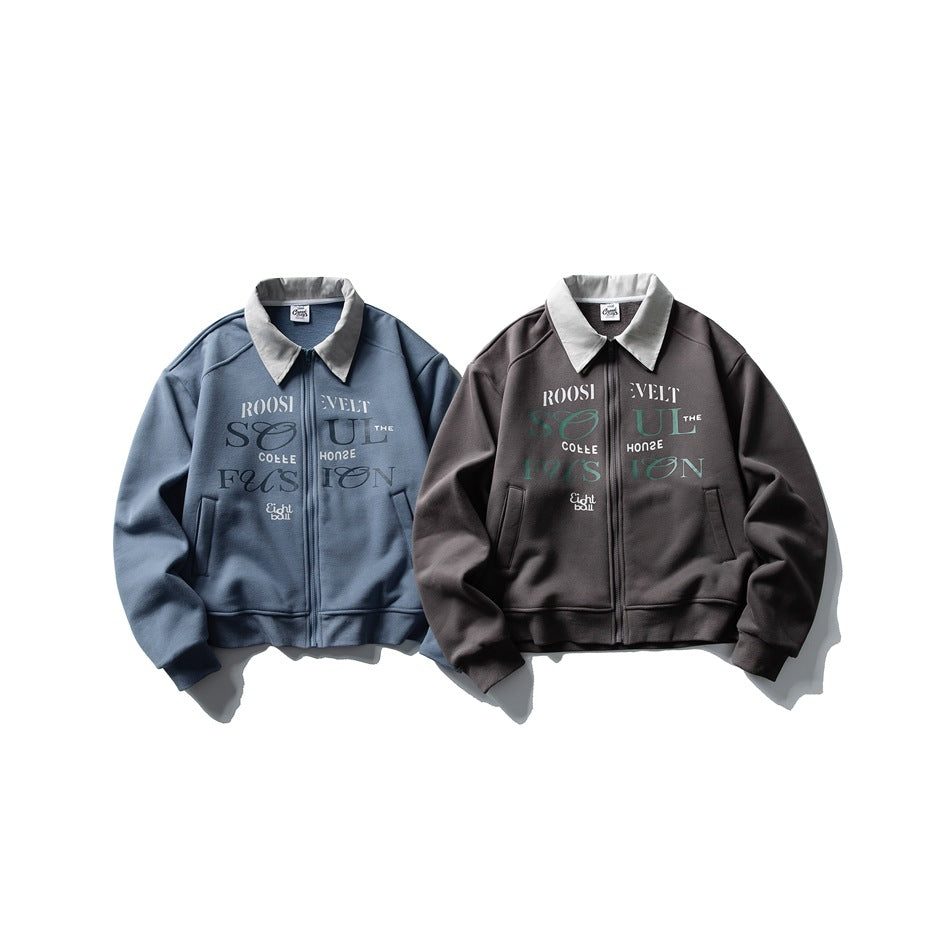 Front view of blue and dark brown zip-up jackets with light gray collars, pockets, and large lettering.