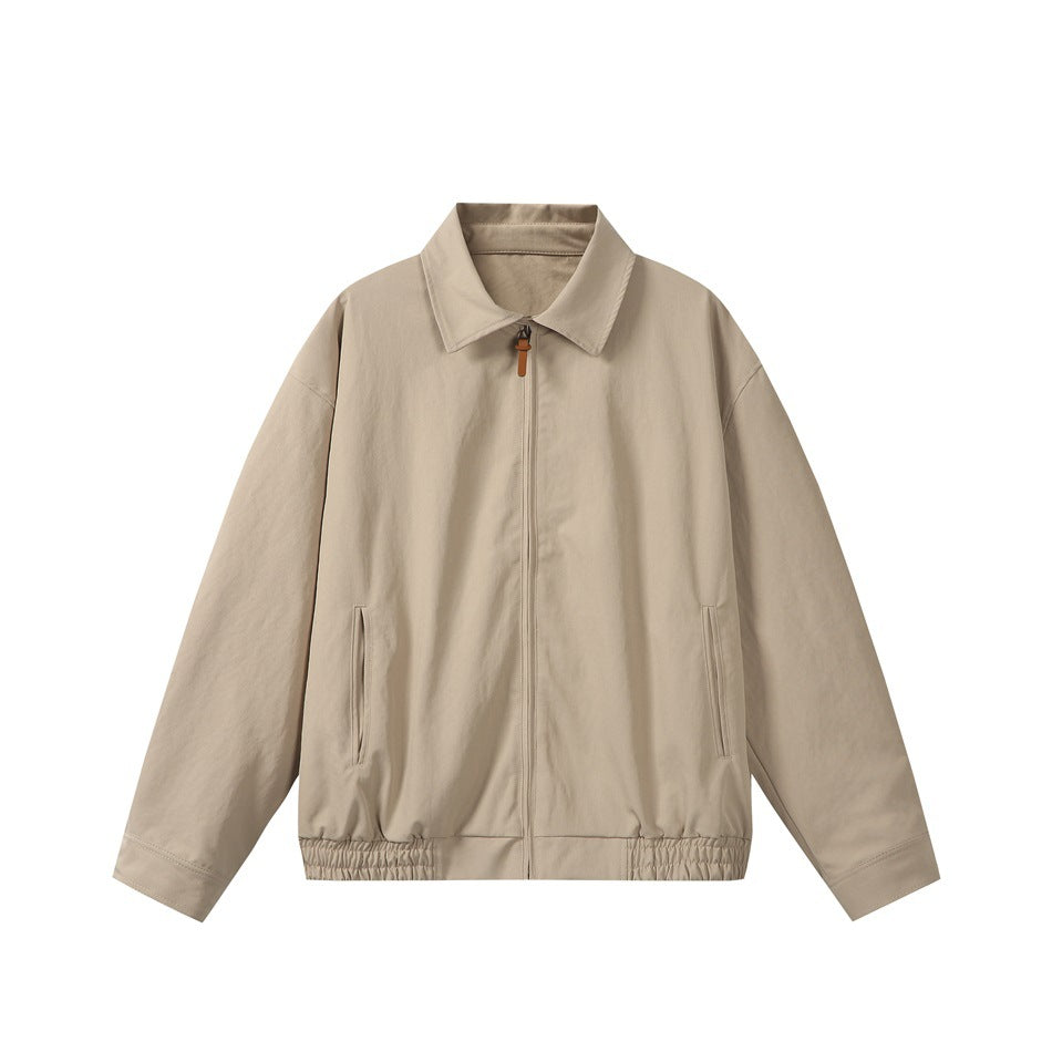 Khaki zip-front jacket with a turn-down collar, slanted pockets and an elastic hem, flat lay front view
