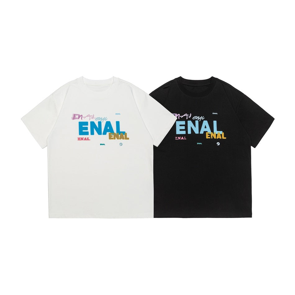White and black short-sleeve crew-neck T-shirts with colorful lettering across the chest.