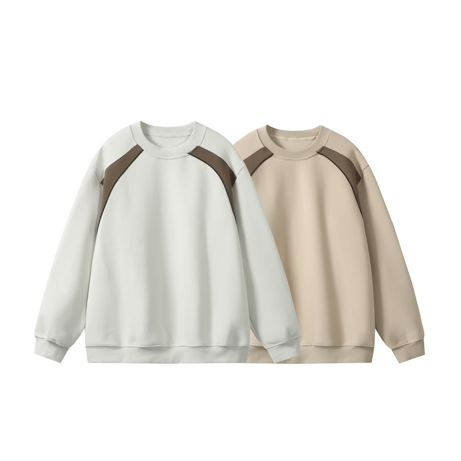 Two crewneck sweatshirts shown from the front: one pale gray and one beige, both with taupe raglan panels.