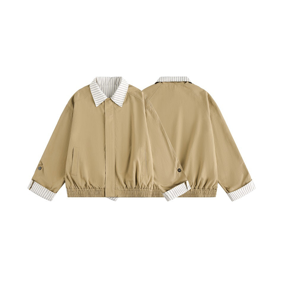 Tan jacket shown from front and back, with a striped collar and turned-back cuffs and an elasticated hem.