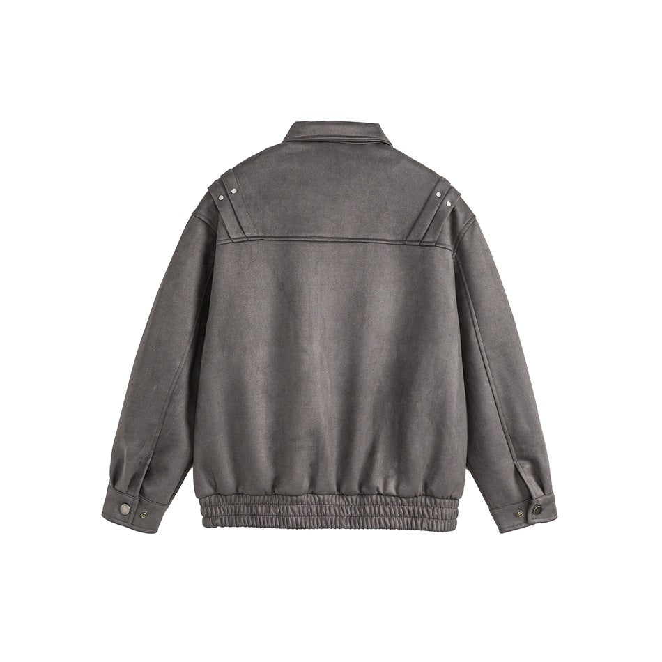 Back view of a charcoal-gray jacket with a pointed collar, shoulder tabs, snap cuffs, and an elasticated hem.