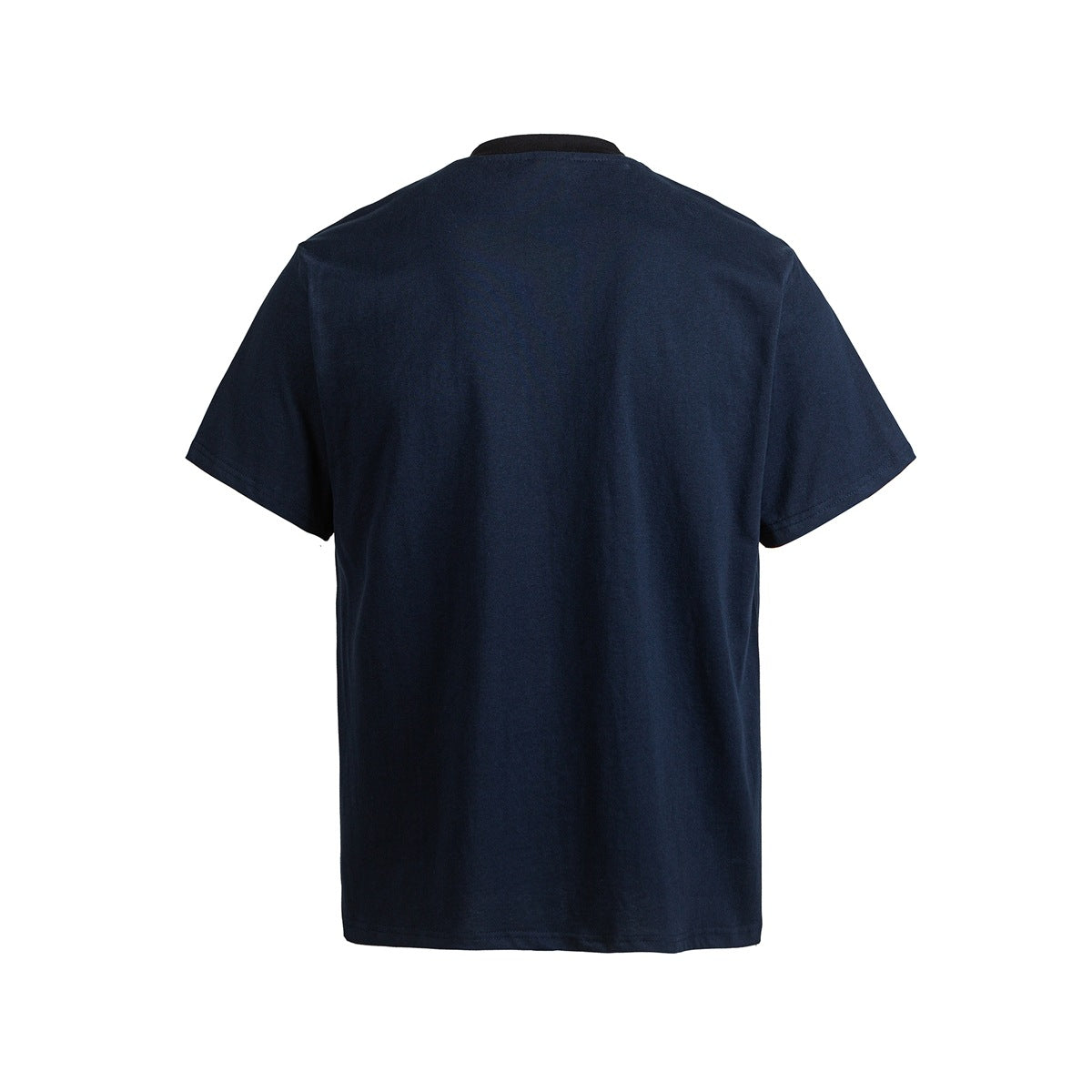 Back view of a plain navy blue short-sleeve T-shirt with black collar trim and black sleeve hem trim