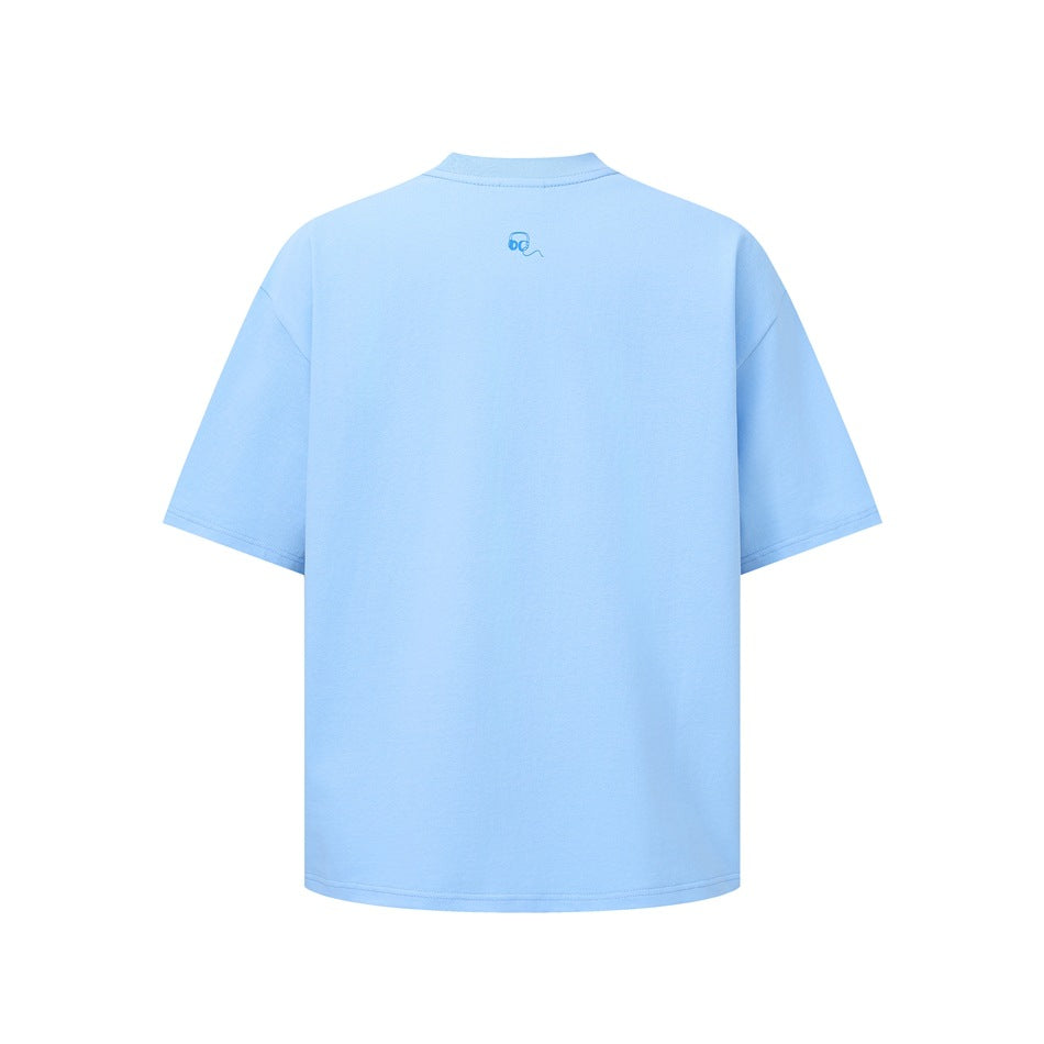 Back view of a light blue short-sleeve T-shirt with a small headphones symbol below the collar.
