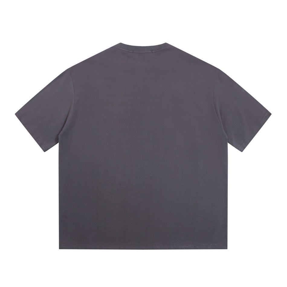 Back view of a plain charcoal-gray short-sleeve crew-neck T-shirt laid flat on a white background.