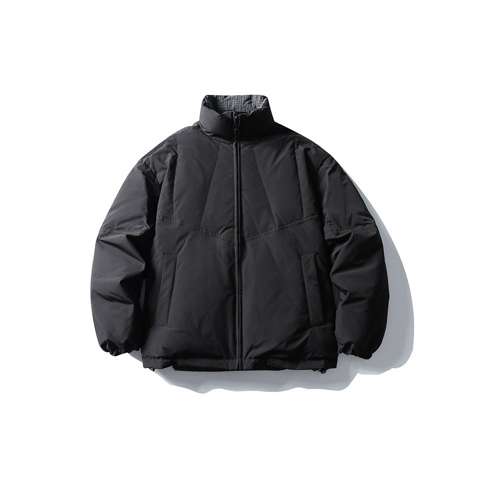Black stand-collar puffer jacket front view with zipper, front pockets and elastic cuffs