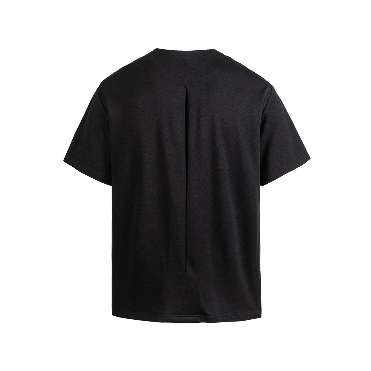 Back view of a black short-sleeve T-shirt with a vertical center pleat.