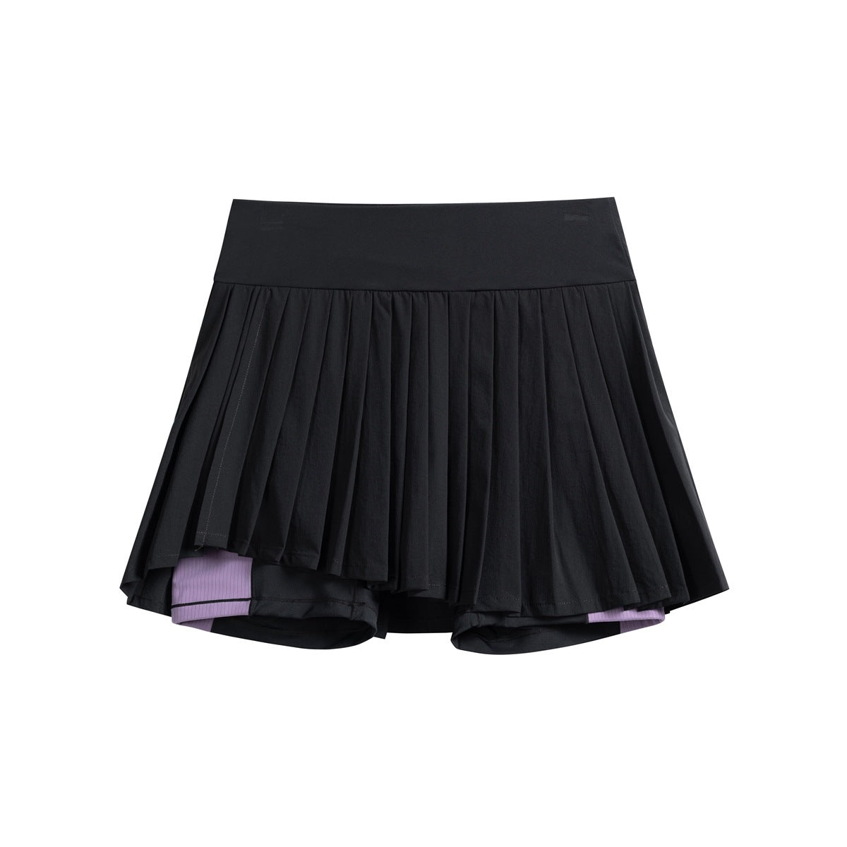 Black high-waisted pleated mini skort, flat lay front view with lilac accent on inner short layer