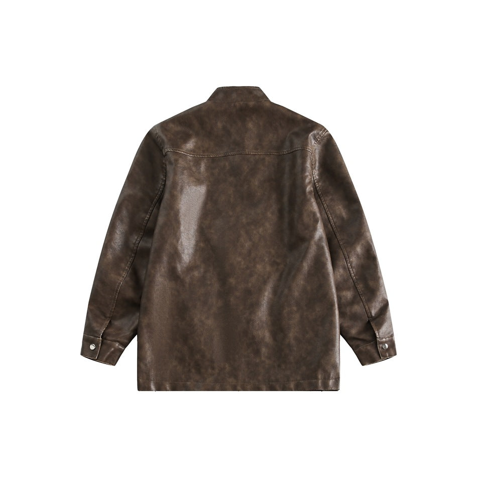 Back view of a brown mottled jacket with a stand collar, long sleeves, and snap cuffs.