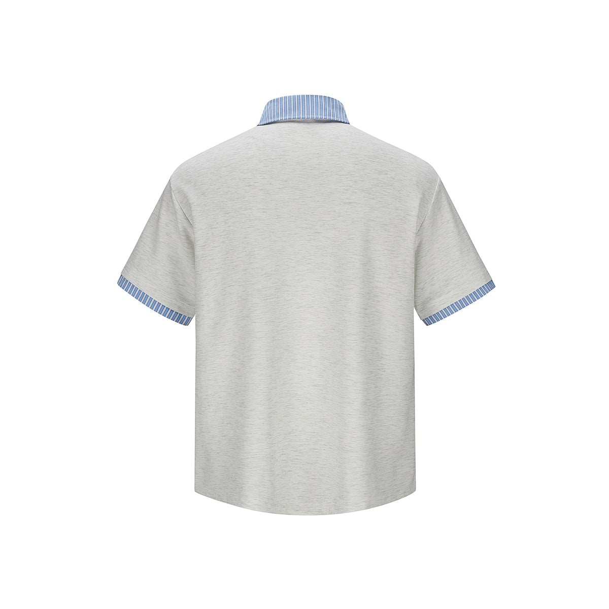 Back view of an off-white short-sleeve polo shirt with blue striped collar and sleeve trim.