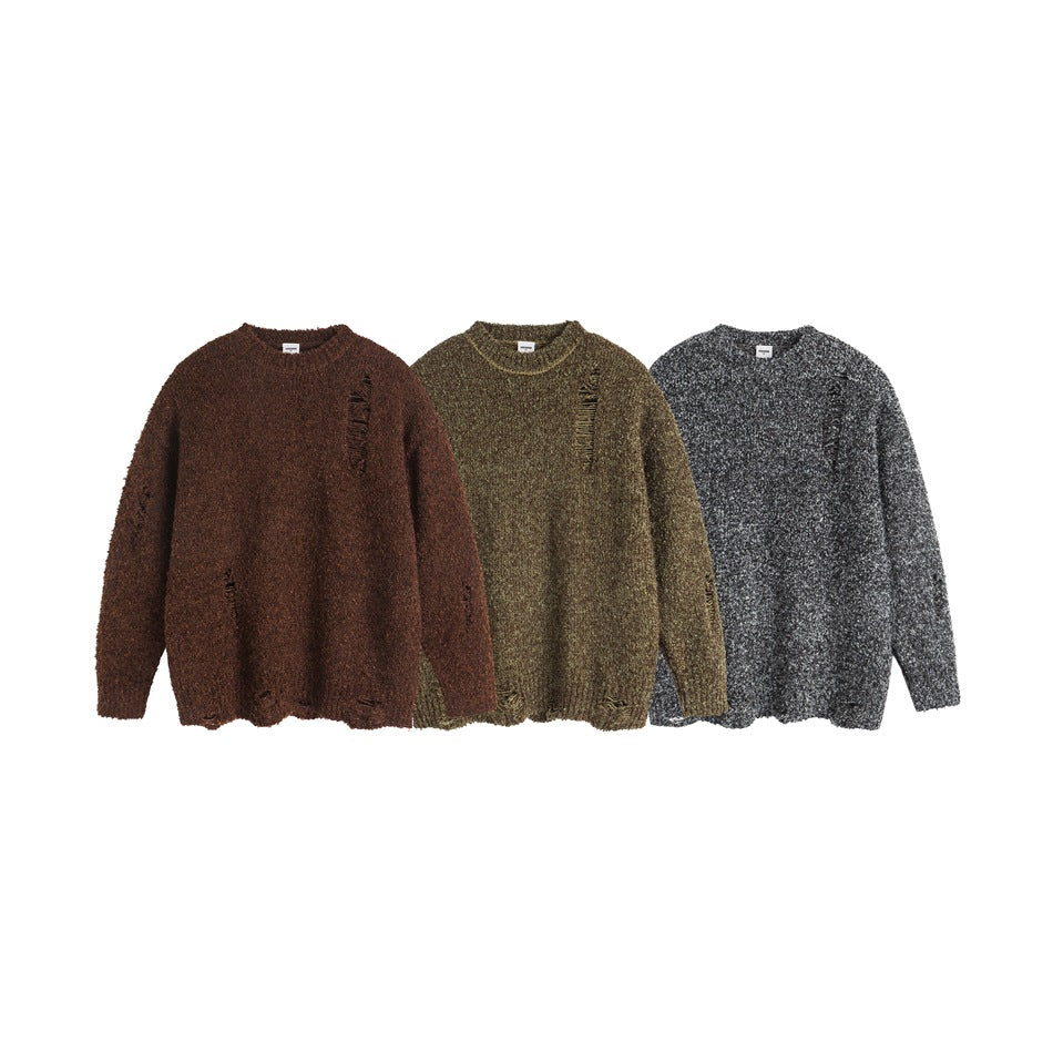 Three crewneck sweaters shown together in brown, olive, and charcoal marled colorways, each with distressed details.