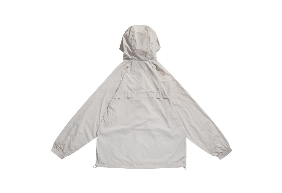 Back view of a light gray hooded jacket with long sleeves, an upper-back seam, and drawcords at the hem.