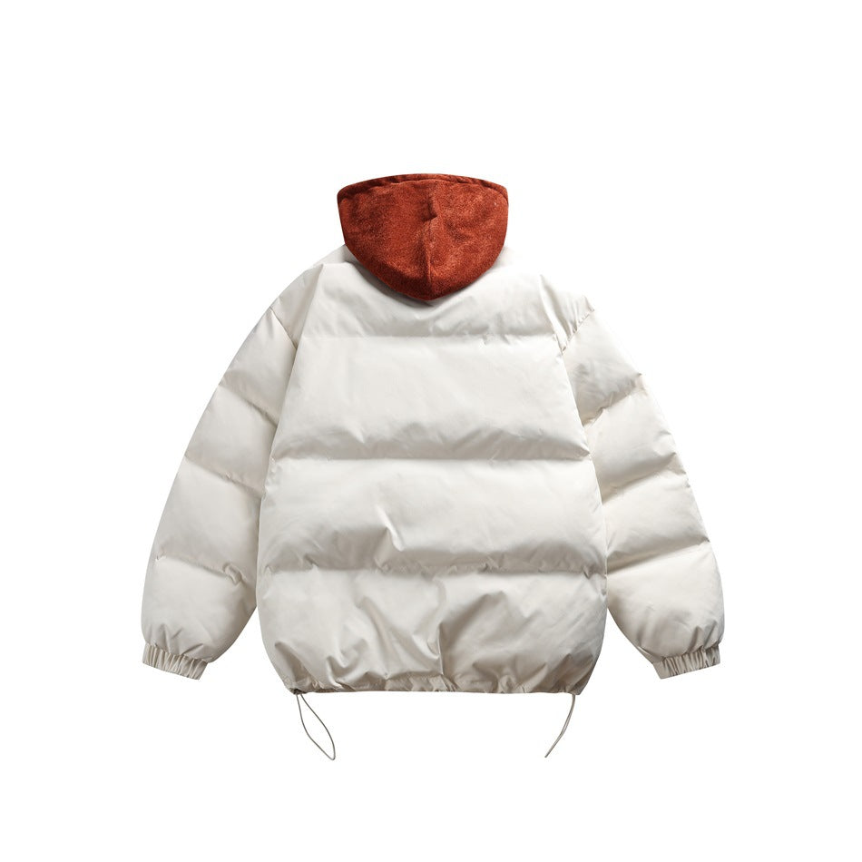 Back view of a white puffer jacket with a rust-colored hood, elastic cuffs and adjustable hem drawcords.