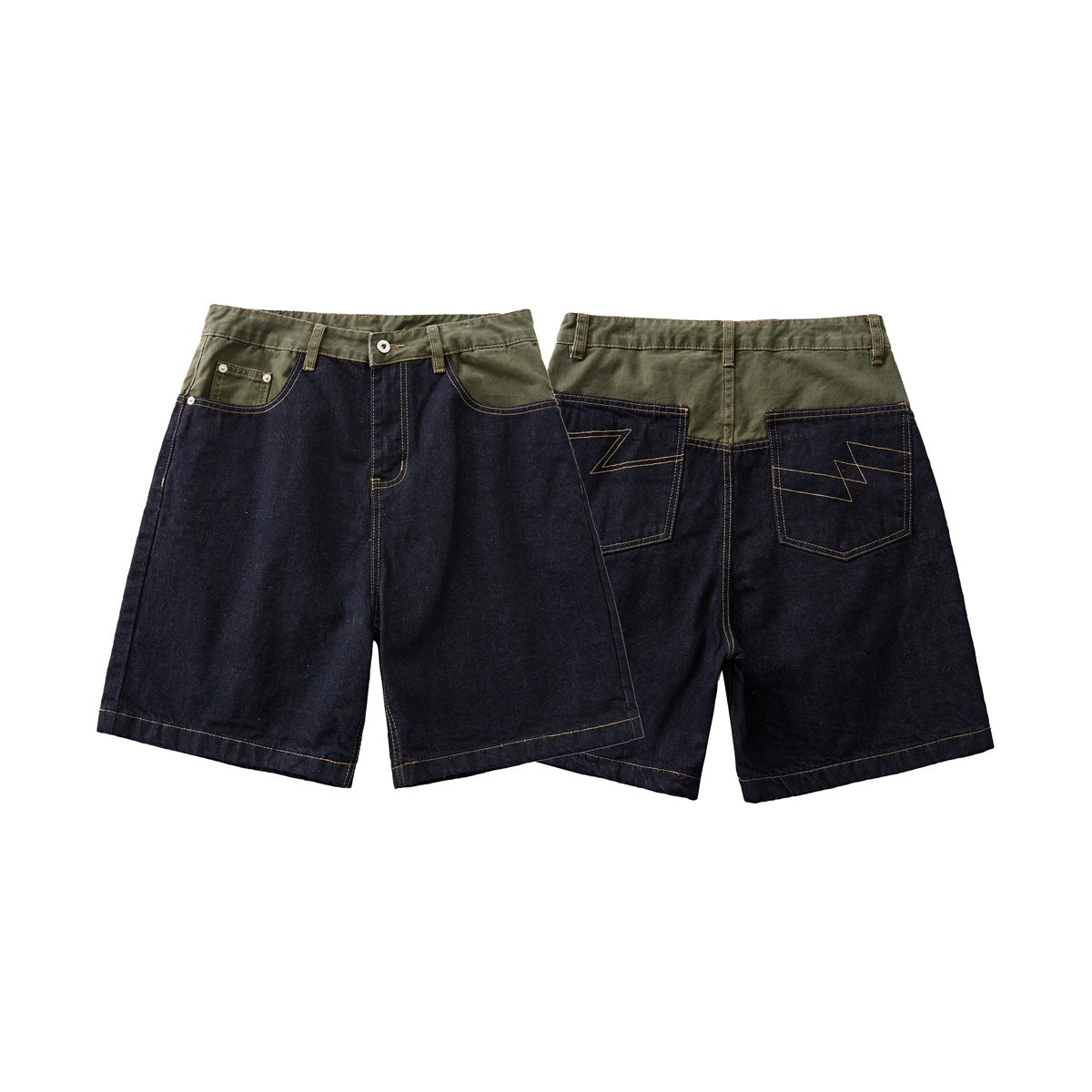 Flat lay showing the front and back of dark indigo shorts with olive-green waist panels and contrast stitching.
