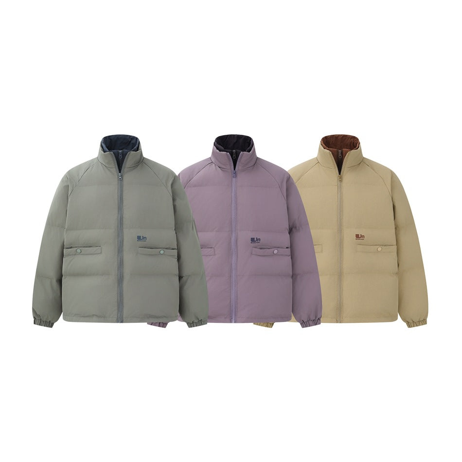 Three padded jackets shown from the front in sage green, muted lavender, and tan.