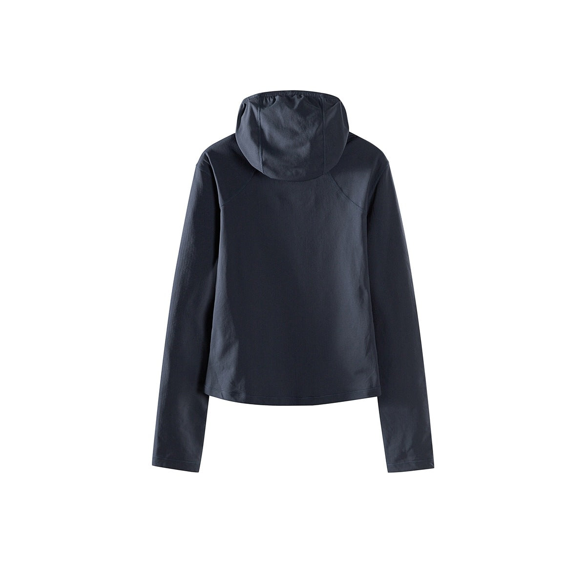 Back view of a dark navy long-sleeve hooded top on a white background.
