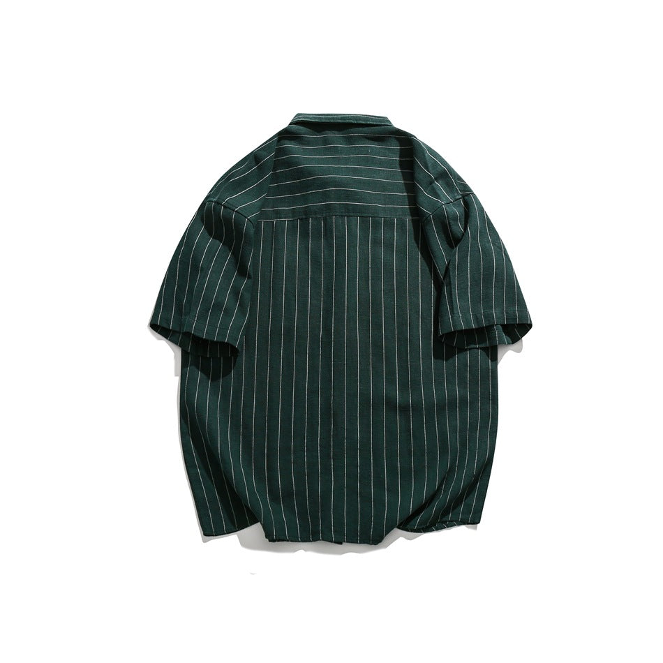 Back view of dark green striped short-sleeve shirt with horizontal-striped yoke and vertical stripes below