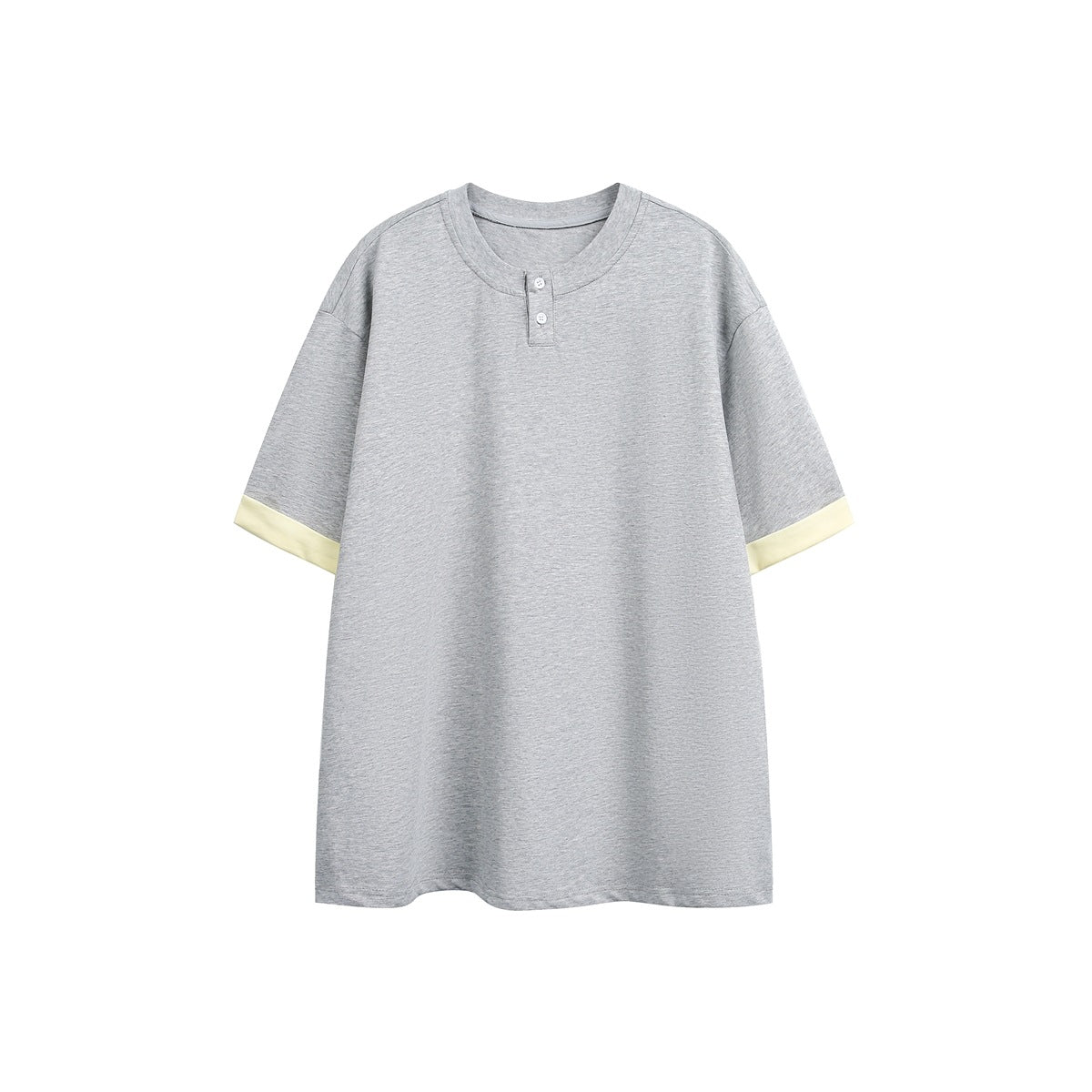 Heather gray short-sleeve T-shirt with two-button neckline and pale yellow sleeve cuffs, flat front view