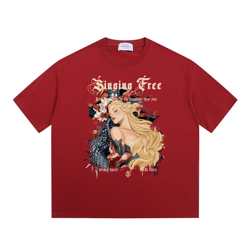 Red short-sleeve crew-neck t-shirt with a woman, flowers and snake graphic and Singing Free lettering
