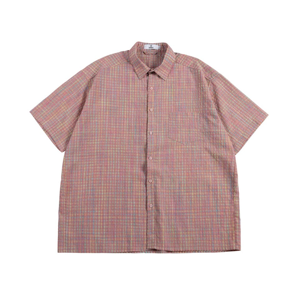 Rose-red multicolor plaid short-sleeve button-up shirt, flat front view with chest pocket and collar