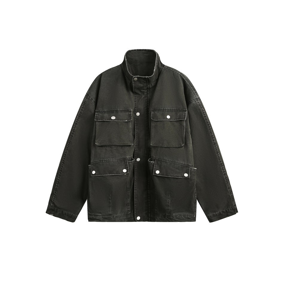 Dark green washed utility jacket flat lay with stand collar, snap front and four flap pockets