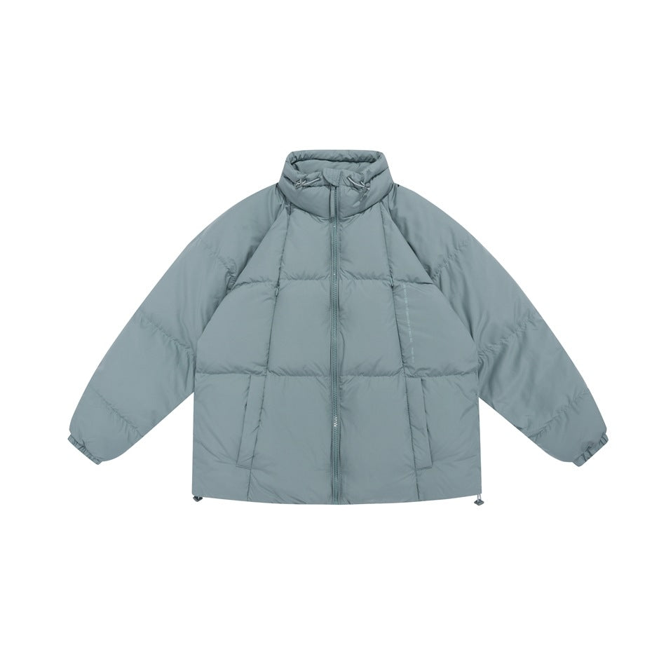 Gray-teal green quilted puffer jacket with stand collar, zipper and hem toggles, flat front view