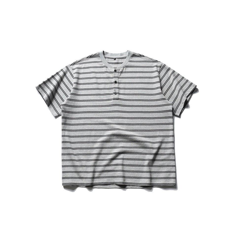 Heather gray striped short-sleeve Henley T-shirt with black double stripes and three buttons, flat front view