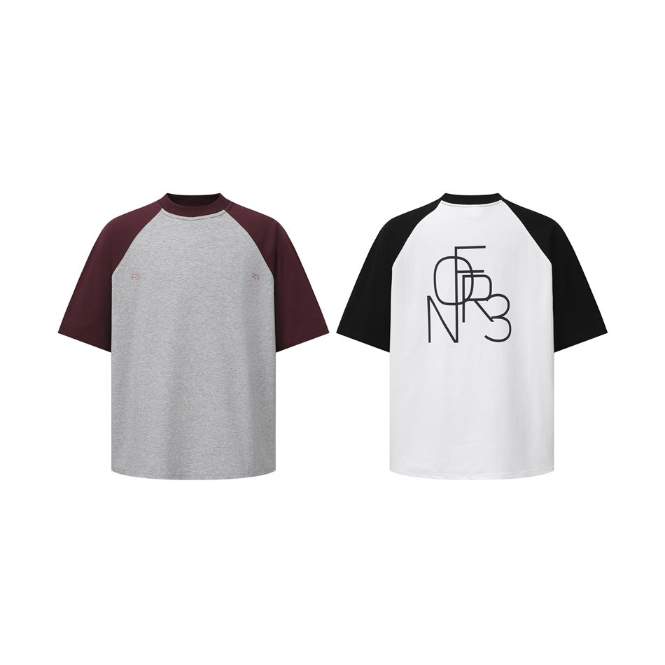 Two raglan T-shirts shown front and back: gray with burgundy sleeves, and white with black sleeves and a back graphic.