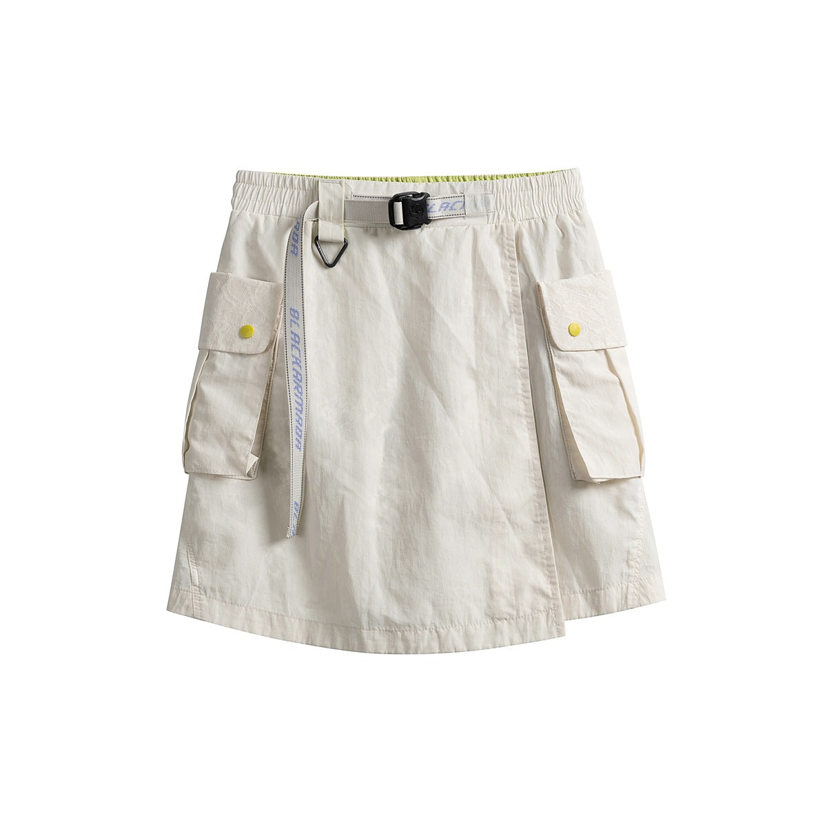 Sand white wrap-front cargo skort with elastic waist, buckle belt and two flap pockets, flat lay