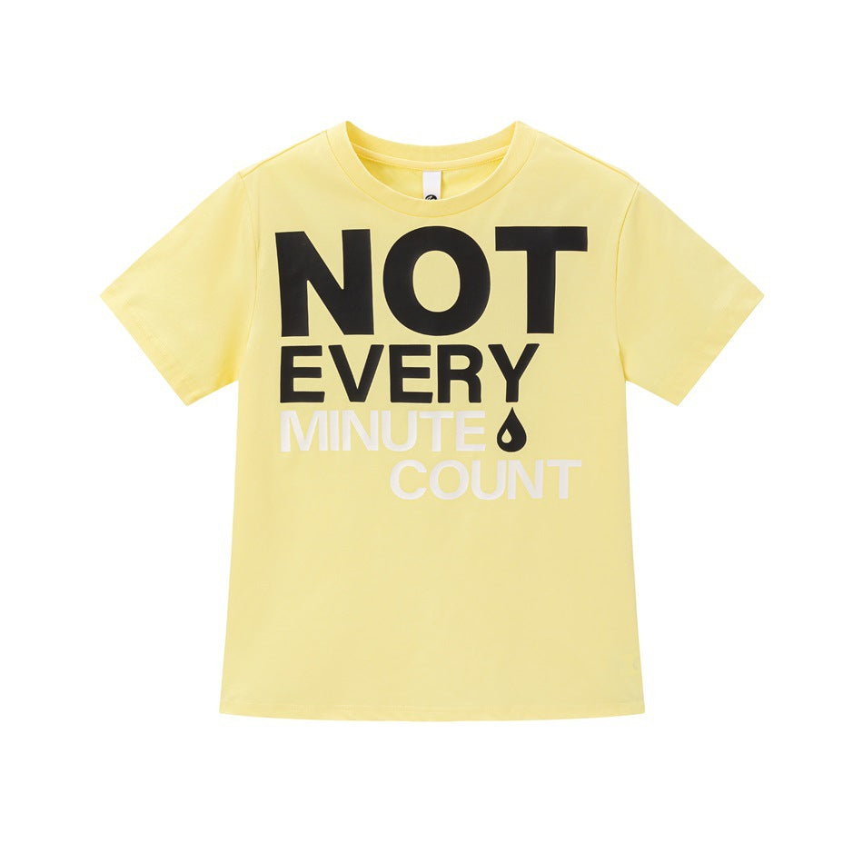Light yellow short-sleeve crew-neck t-shirt with black and white 'NOT EVERY MINUTE COUNT' slogan print and droplet