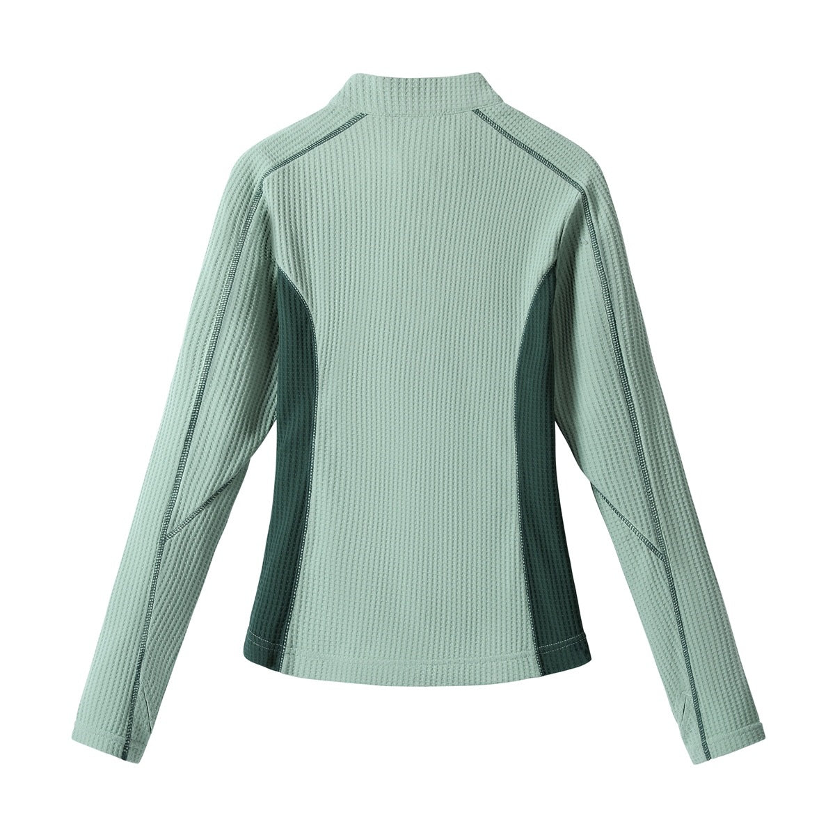 Back view of a pale sage textured long-sleeve jacket with dark green side panels and seam accents.