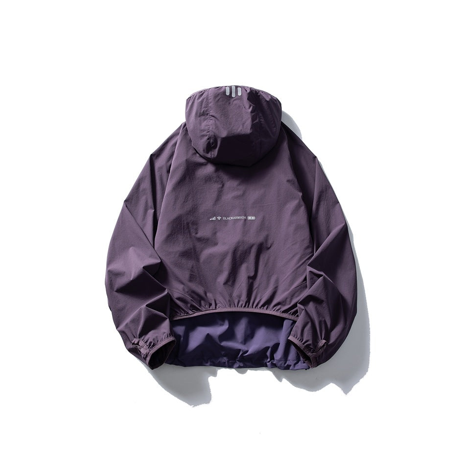 Back view of a plum-purple hooded jacket with gathered cuffs and a small logo across the upper back.