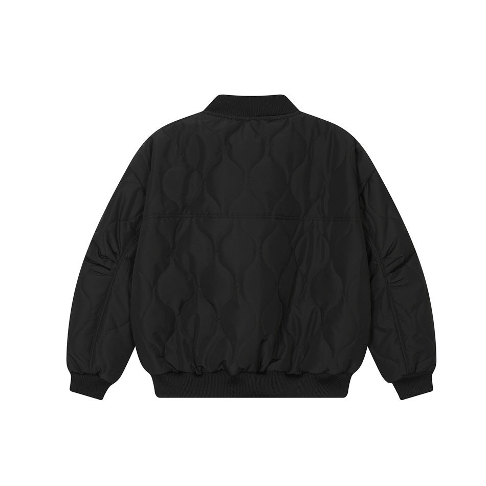 Back view of a black quilted bomber jacket with a ribbed collar, cuffs and hem.