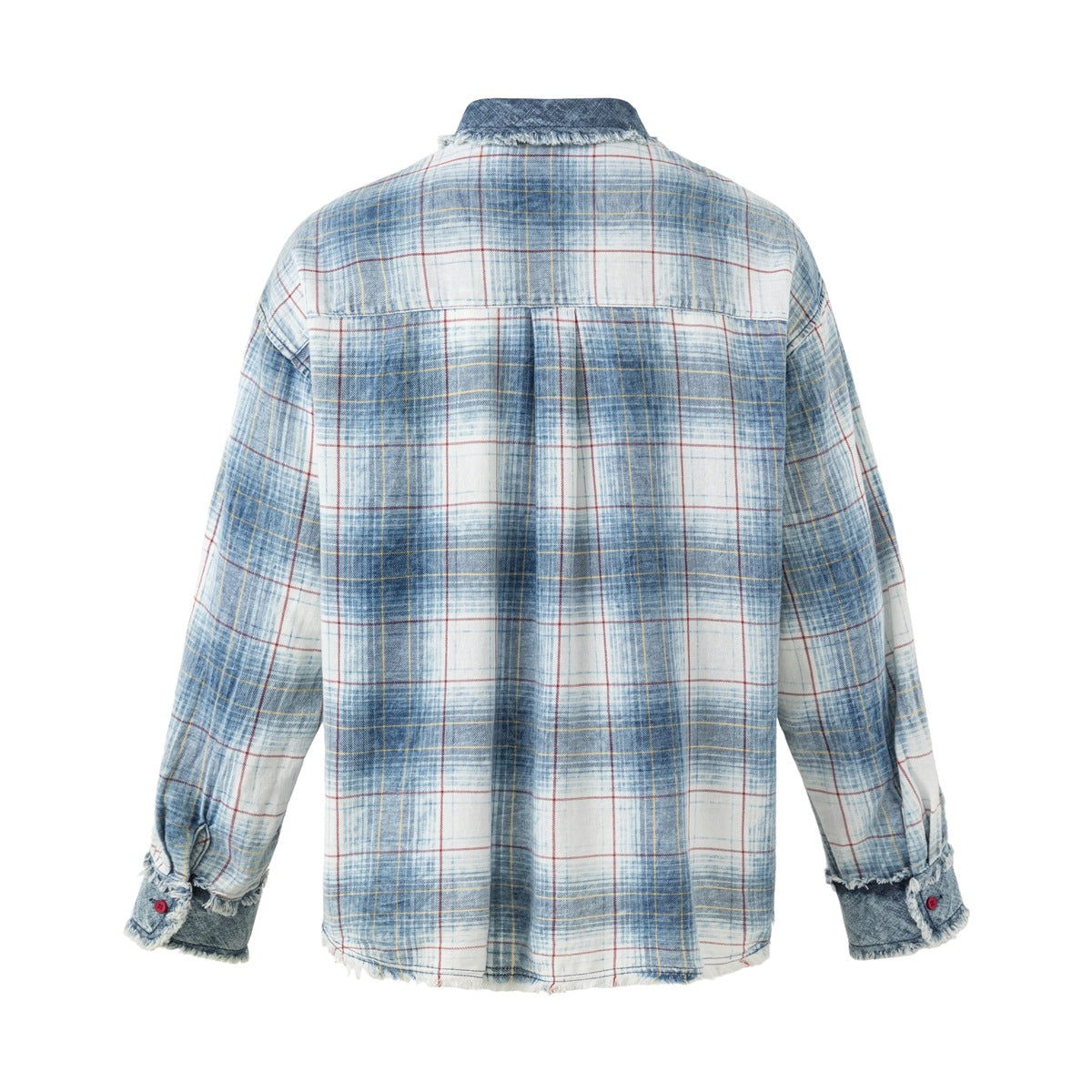 Back view of a blue-and-white plaid shirt with red and yellow lines, dark denim collar and cuffs, and frayed edges.