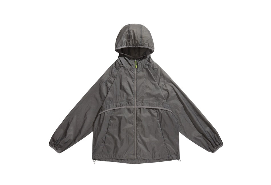 Gray lightweight hooded zip jacket flat lay, front view, with lime-green zipper pull and hem toggles