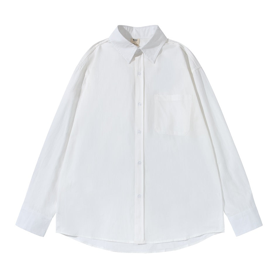 White long-sleeve button-up shirt with chest pocket, flat lay front view