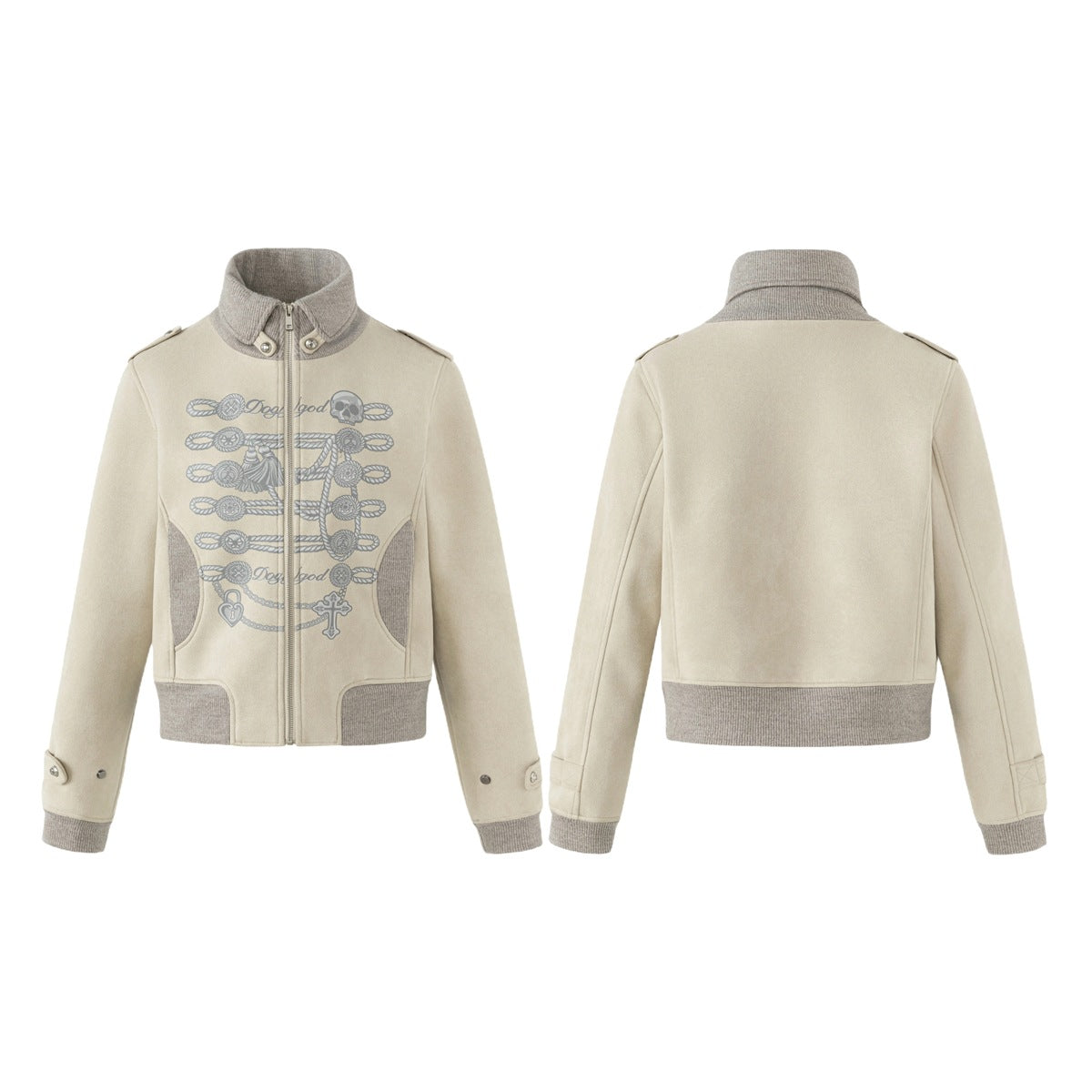 Beige zip jacket shown from the front and back, with gray ribbed trim and a rope-and-skull front graphic.