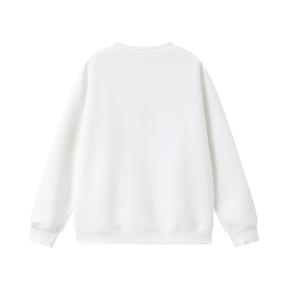 Plain back view of a white crewneck sweatshirt with long sleeves and ribbed cuffs and hem.