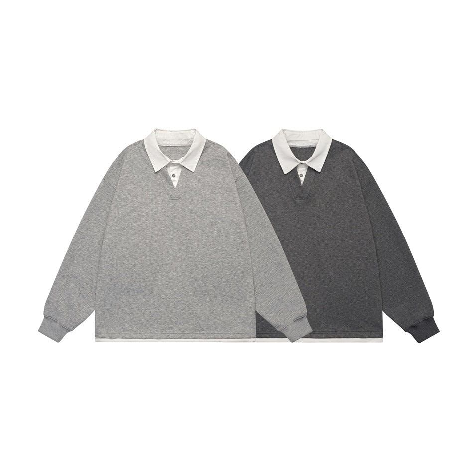 Front view of two long-sleeve tops in light and dark gray, each with a white collar and button placket.