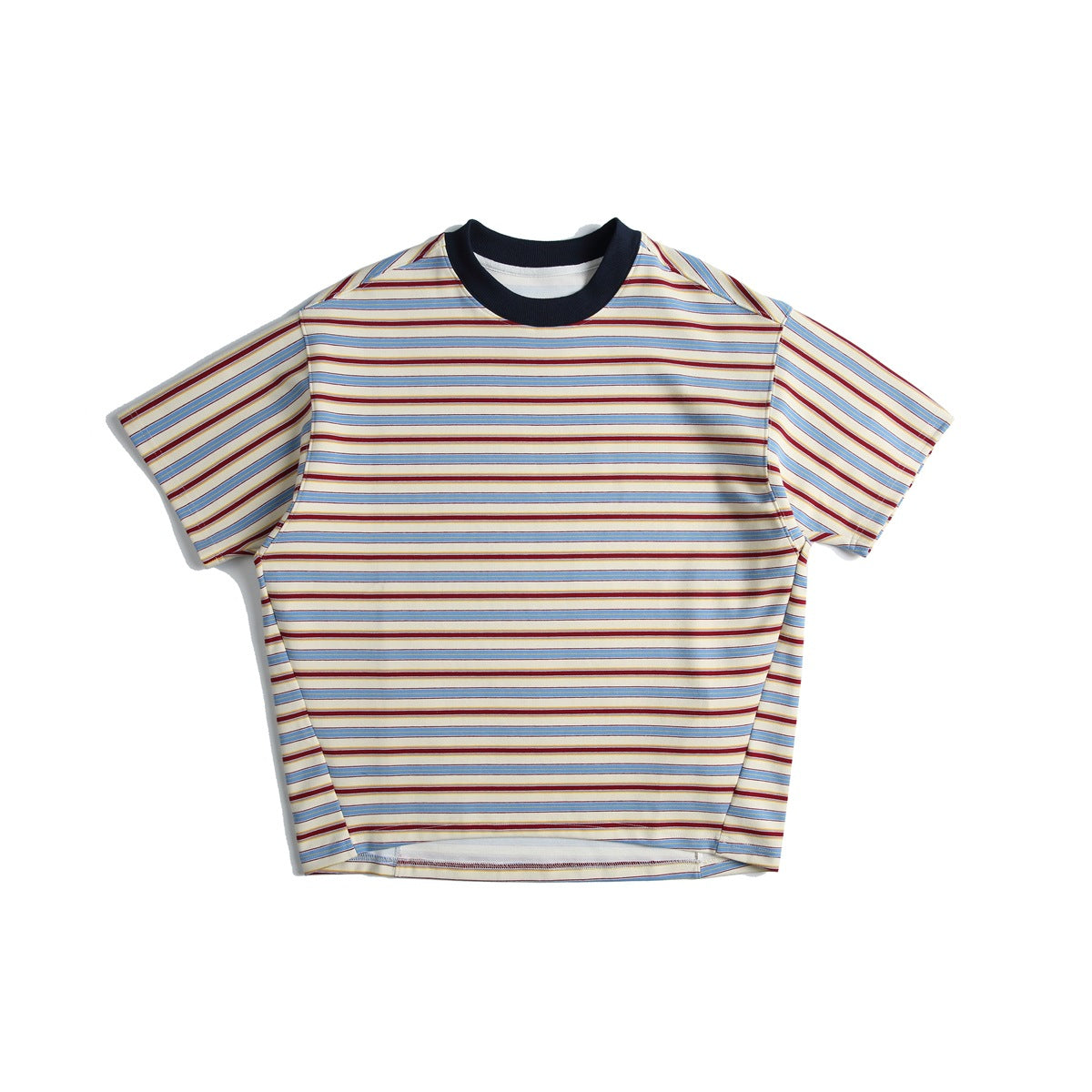Flat-lay front of a short-sleeve striped T-shirt with a navy ribbed crew collar in light blue, red and cream stripes